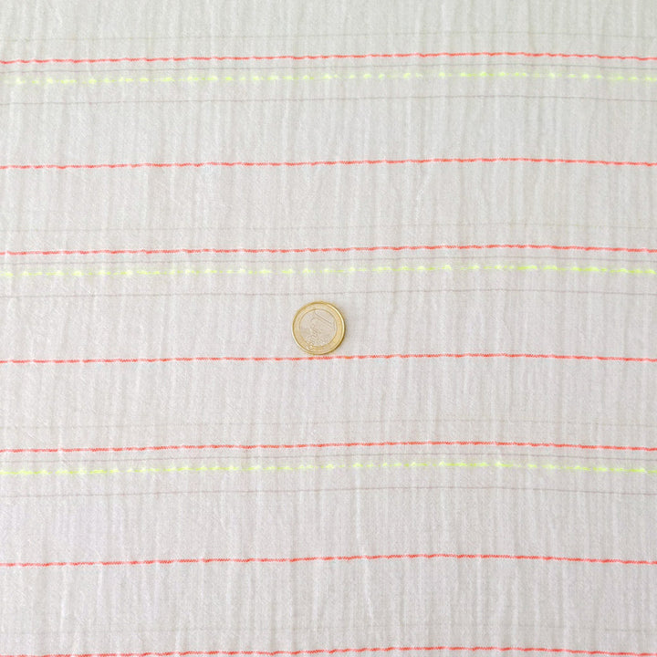 Voile de coton blanc rayures fluo rose et jaune