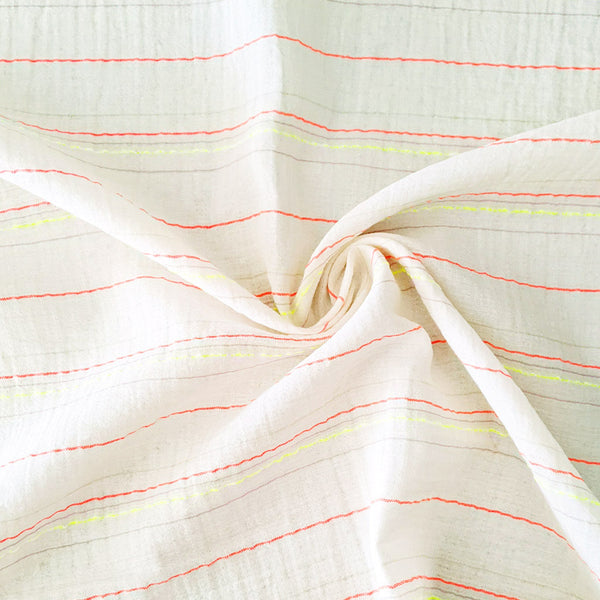 Voile de coton blanc rayures fluo rose et jaune