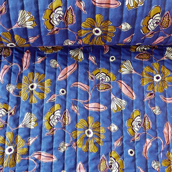 Matelassé coton double face bleu violet saumon et fleur vanille