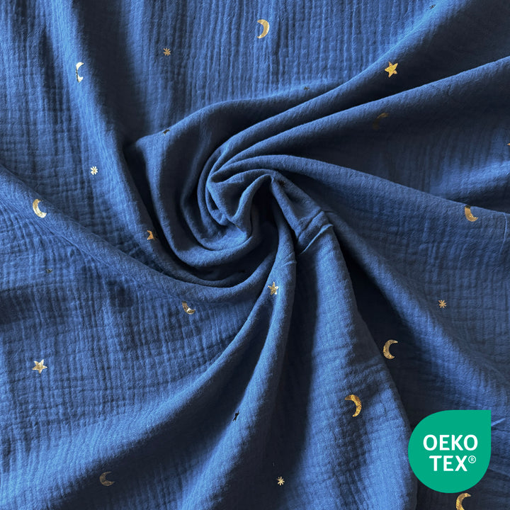 Double gaze coton bleu azur lune et étoile or