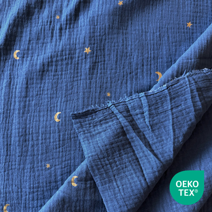 Double gaze coton bleu azur lune et étoile or