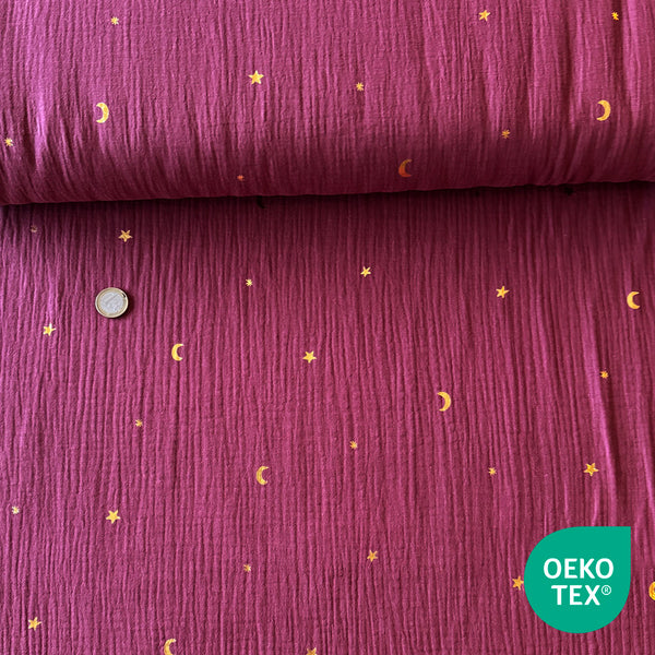 Double gaze coton bordeaux azur lune et étoile or