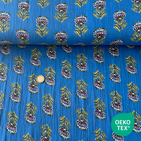 Tissu Double gaze bleu fleur de provence