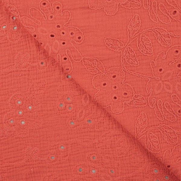 Double gaze brodée feuillage corail