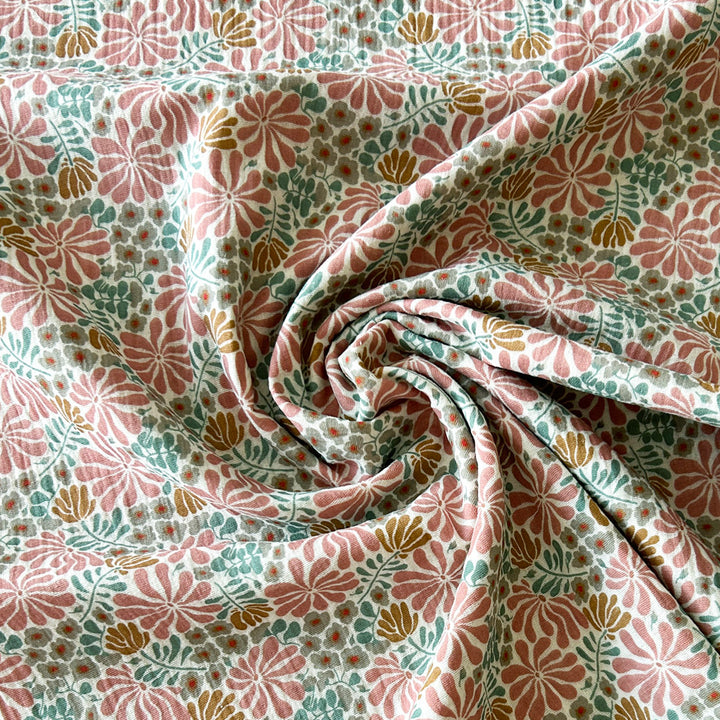 Tissu Double gaze fuschia fleurs douces