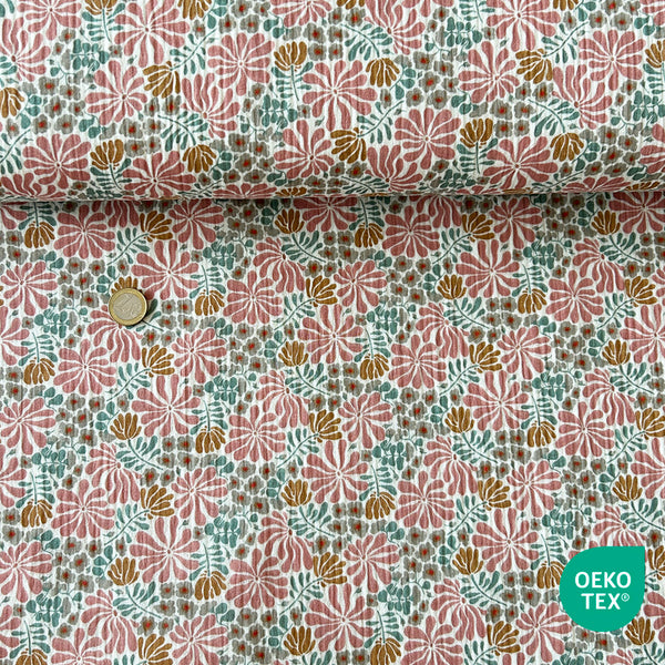 Tissu Double gaze fuschia fleurs douces