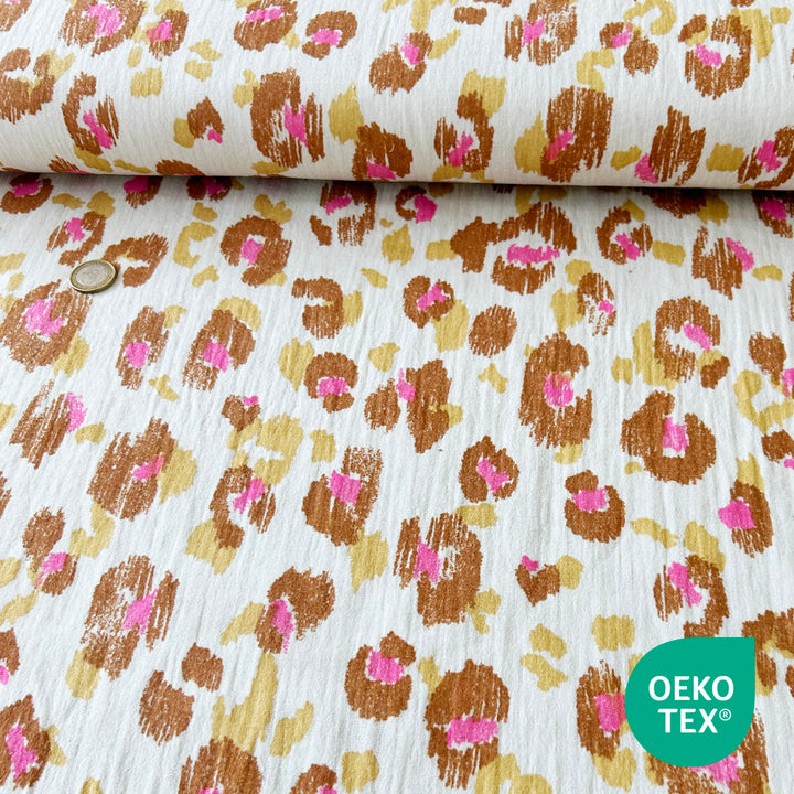 Tissu Double gaze vanille léopard jaune et rose