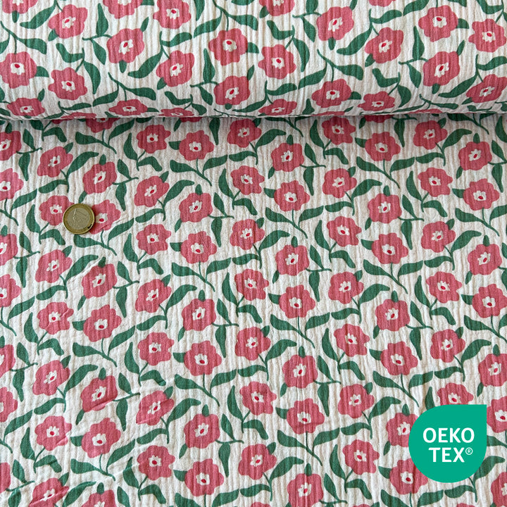 Tissu Double gaze blanc fleur rose foncé