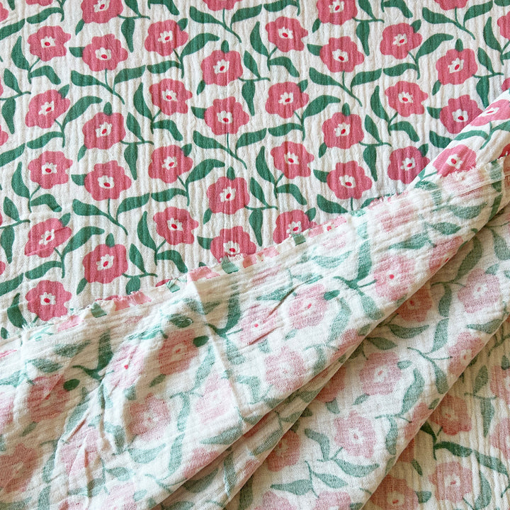 Tissu Double gaze blanc fleur rose foncé