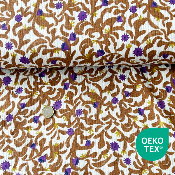 Tissu Double gaze branche et fleur violette