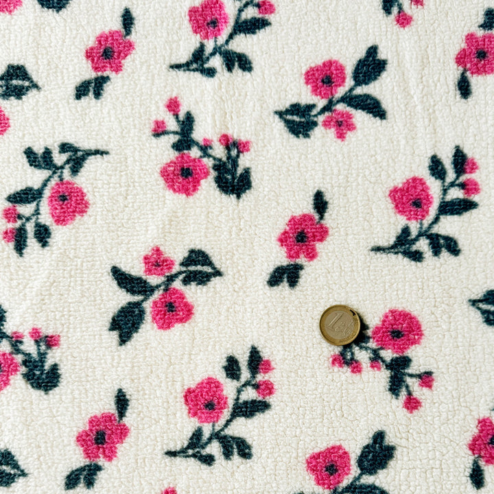 Fausse fourrure mouton écru branche fleur rose