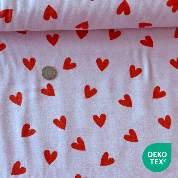 Tissu flanelle de coton rose coeur rouge