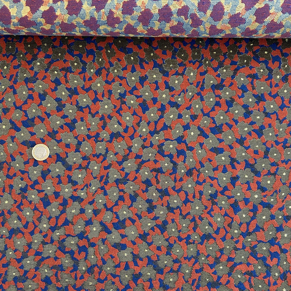 Jacquard soyeux fleur rouille, bleu et or