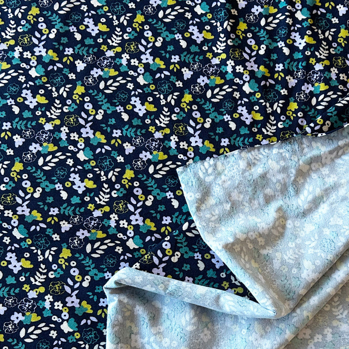 Jersey marine mini fleur turquoise et jaune 