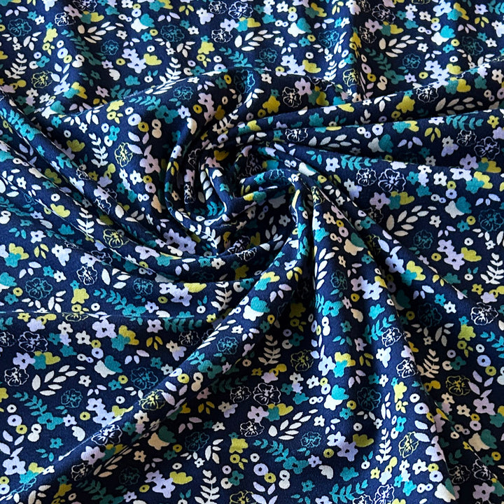 Jersey marine mini fleur turquoise et jaune 