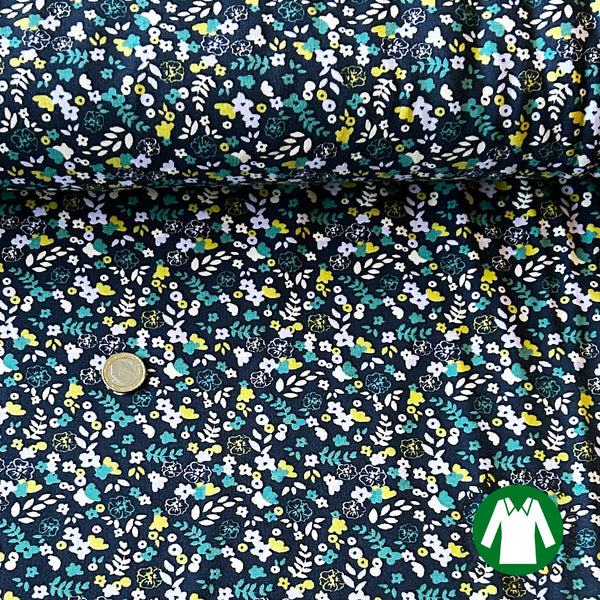 Jersey marine mini fleur turquoise et jaune 