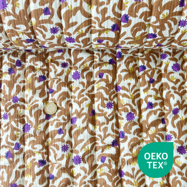 Matelassé coton double gaze branche et fleur violette