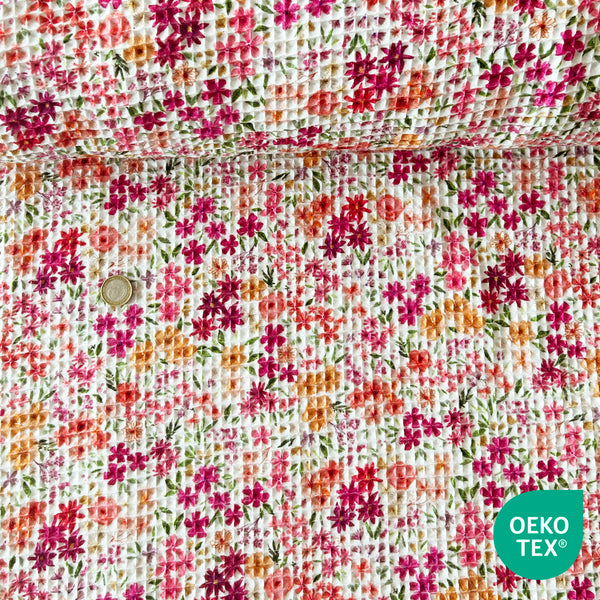 Tissu nid d'abeille blanc imprimé fleur rouge