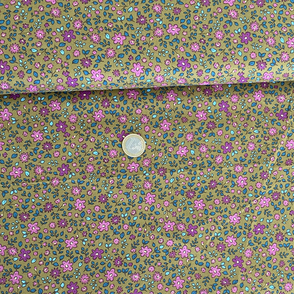 Popeline kaki mini fleur rose