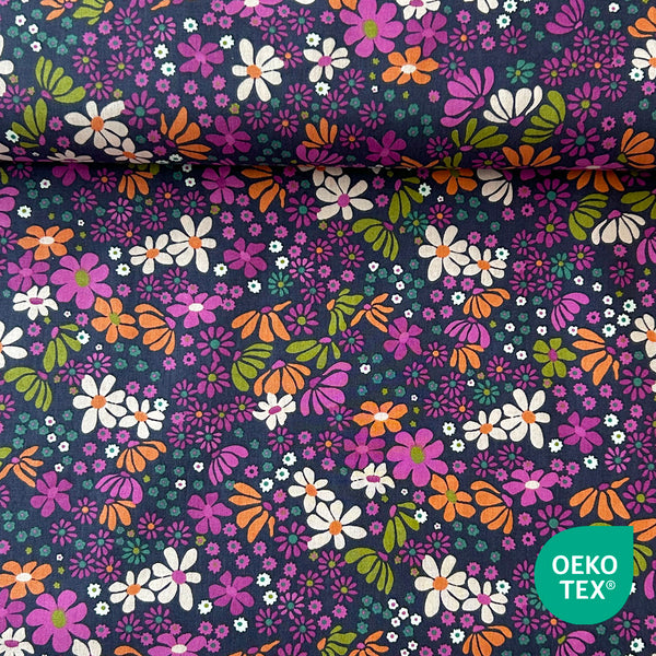 Popeline fleur violette et orange