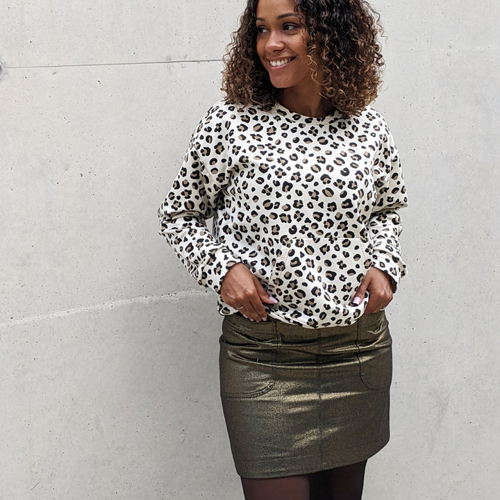 Sweat écru léopard noir et taupe