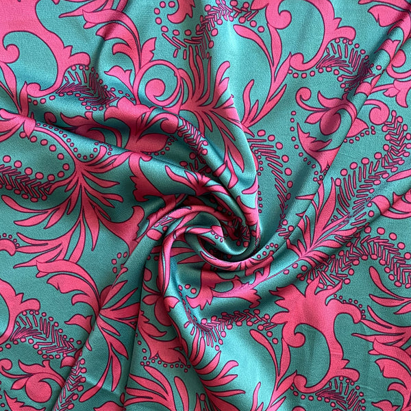 Tissu satiné jungle vert et fuschia