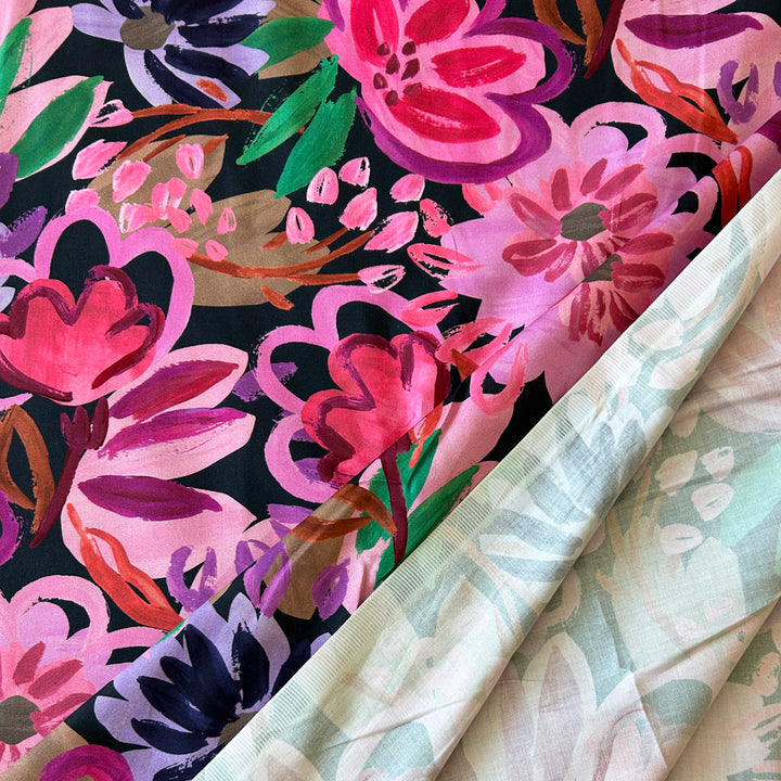 Satin de coton marine fleurs peintes multicolores