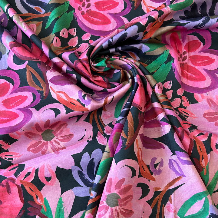 Satin de coton marine fleurs peintes multicolores