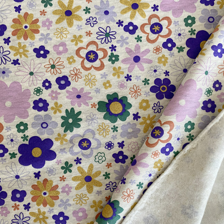 Sweat chiné écru fleur violette et pailleté or