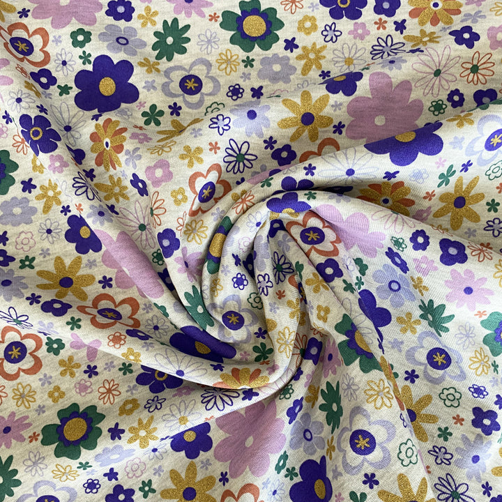 Sweat chiné écru fleur violette et pailleté or