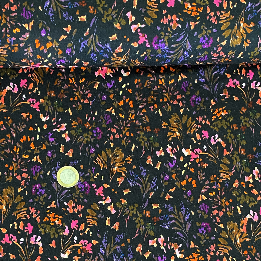Sweat bouclette noir fleurs s ch es rose violet et orange