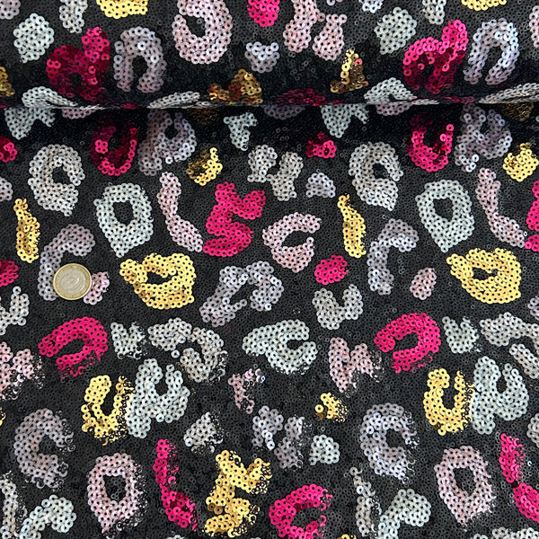 Tissu sequins rose noire et champagne fondu animal