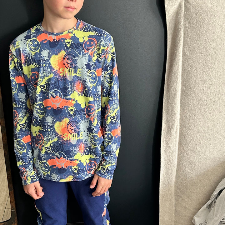 Jersey bleu chiné smile fluo