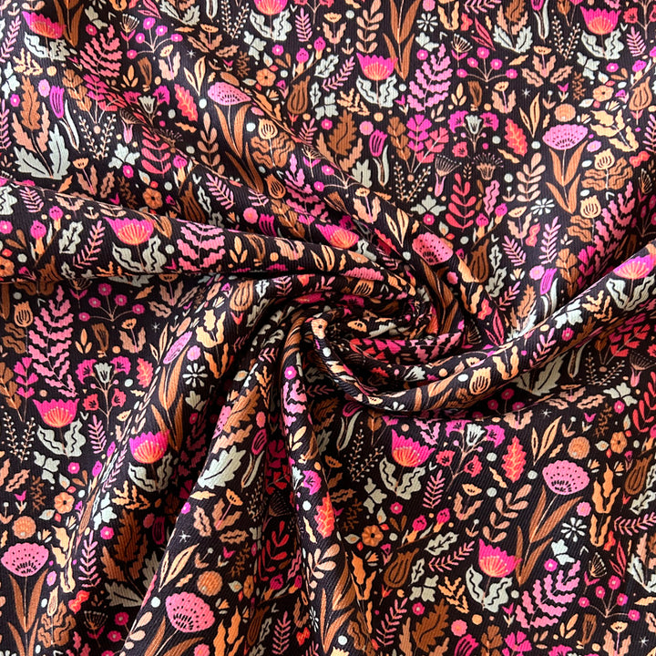 Velours milleraie noir fleurs rose orange
