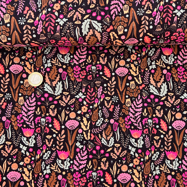 Velours milleraie noir fleurs rose orange