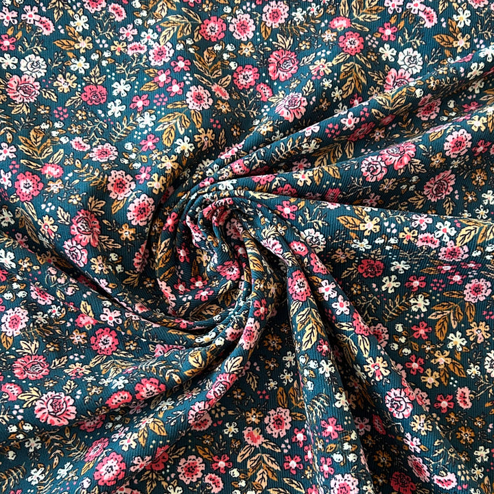 Velours milleraie vert fleur rose