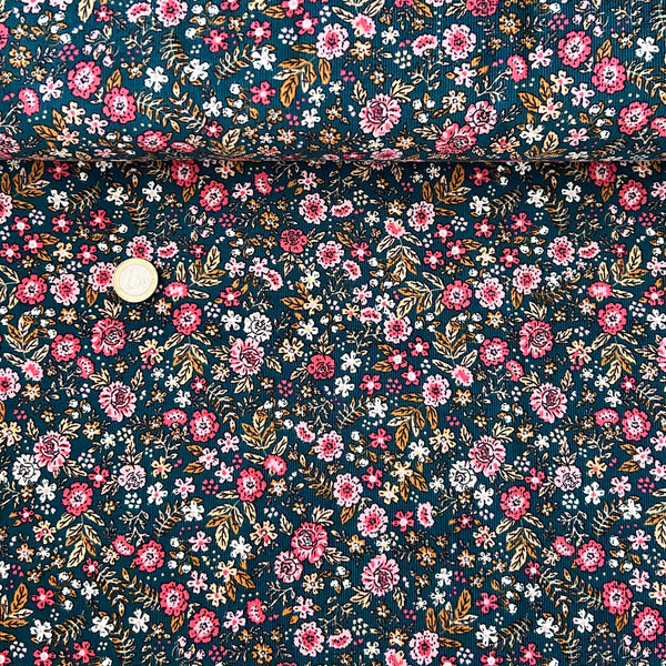 Velours milleraie vert fleur rose