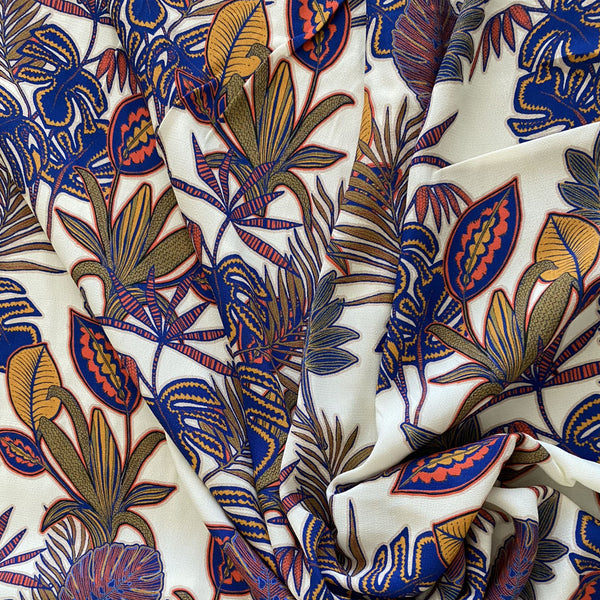 Viscose Ecrue feuille tropicale bleu et ocre