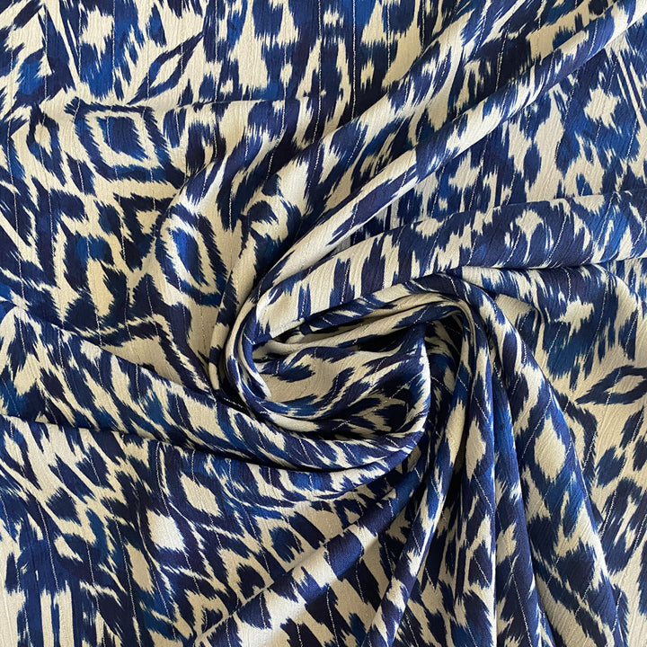 Viscose écrue batik bleu fine rayure or
