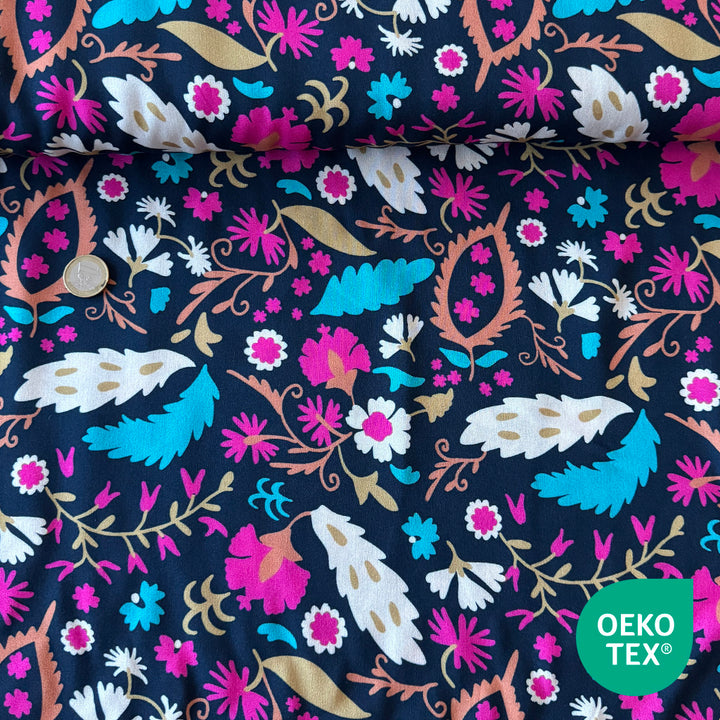Viscose noir fleur flamme multicolore