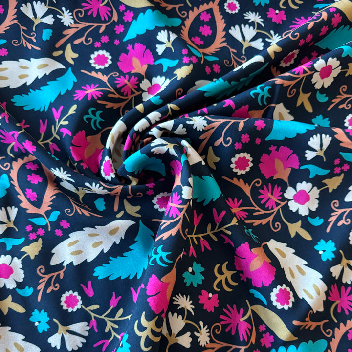 Viscose noir fleur flamme multicolore