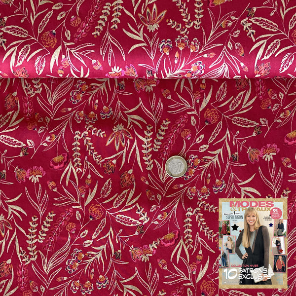 Coupon Viscose rouge fleur delicate dorée