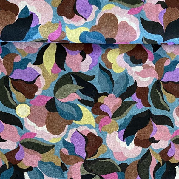 Coupon Viscose Turquoise fleur peinte multicolore