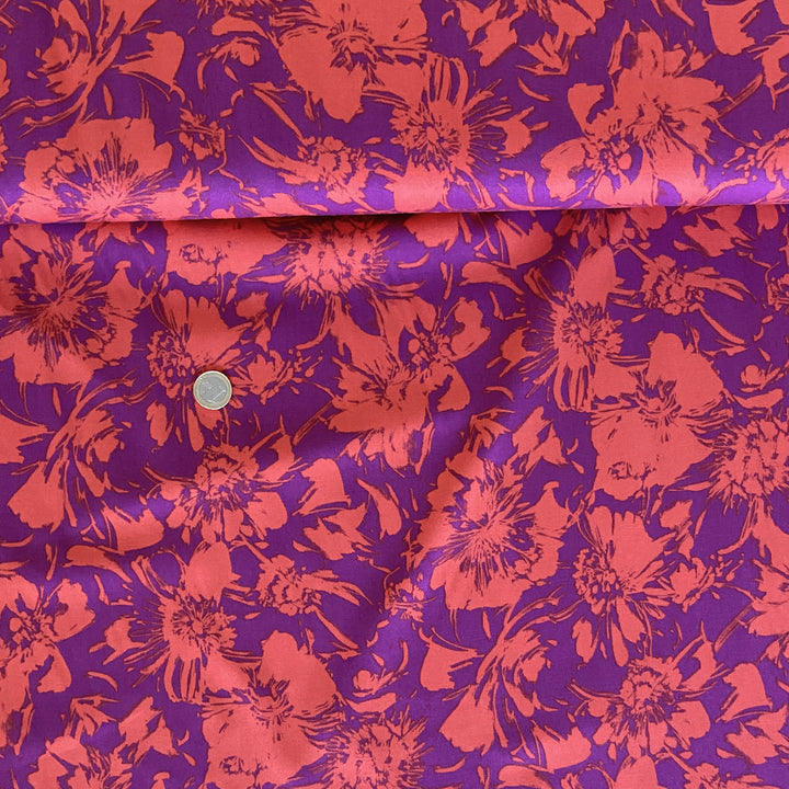 Viscose stretch violet grosse fleur rouge