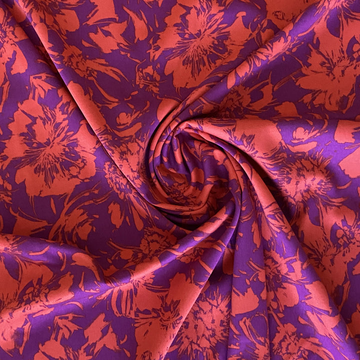 Viscose stretch violet grosse fleur rouge