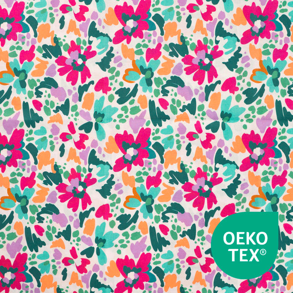 Voile de coton blanc fleur menthe et fushia