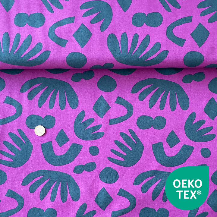Popeline de coton violette motif découpage vert