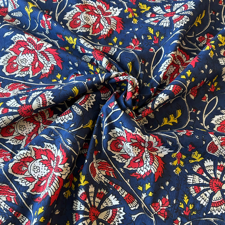 Voile indienne bleu marine fleur rouge et blanc
