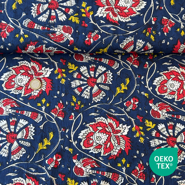 Voile indienne bleu marine fleur rouge et blanc