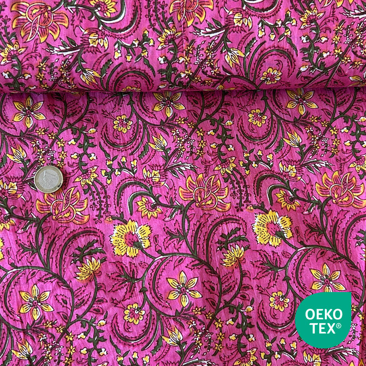 Voile indienne rose fleur jaune